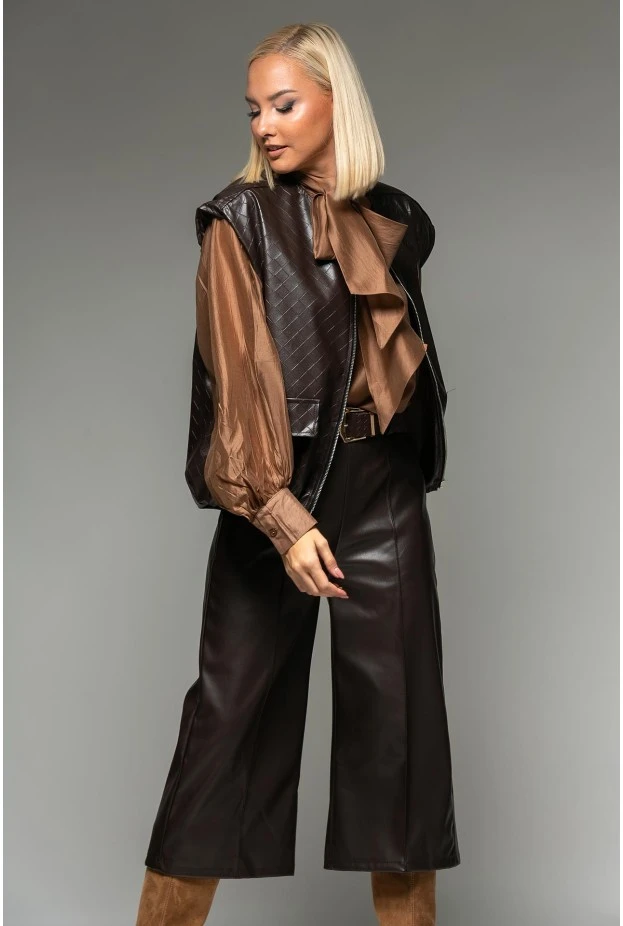Leather jacket καπιτονέ αμάνικο με φερμουάρ και λάστιχο καφέ