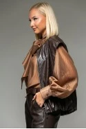 Leather jacket καπιτονέ αμάνικο με φερμουάρ και λάστιχο καφέ