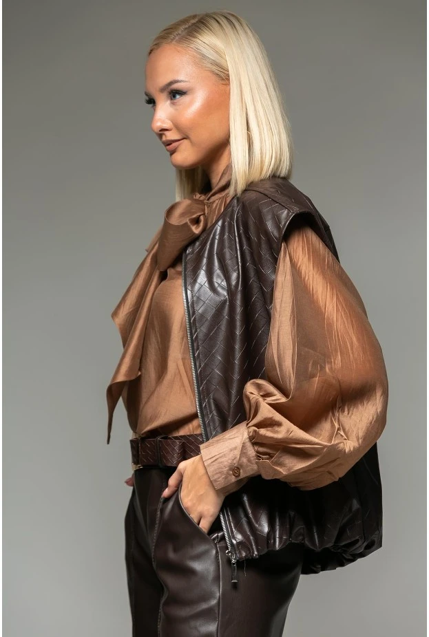 Leather jacket καπιτονέ αμάνικο με φερμουάρ και λάστιχο καφέ