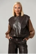 Leather jacket καπιτονέ αμάνικο με φερμουάρ και λάστιχο καφέ