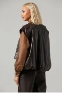 Leather jacket καπιτονέ αμάνικο με φερμουάρ και λάστιχο καφέ