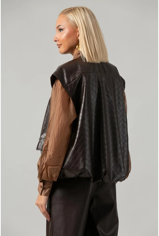Leather jacket καπιτονέ αμάνικο με φερμουάρ και λάστιχο καφέ