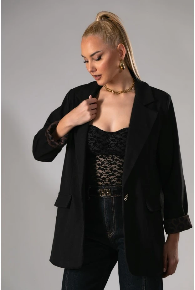 Blazer με λεοπάρ φόδρα στο μανίκι μαύρο