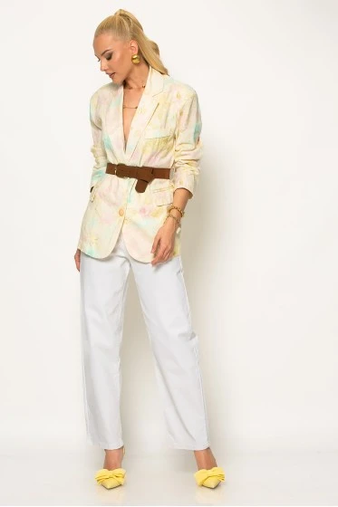 Jean blazer floral με ζώνη μπεζ
