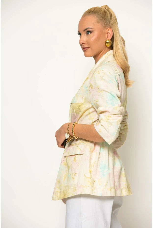 Jean blazer floral με ζώνη κίτρινο