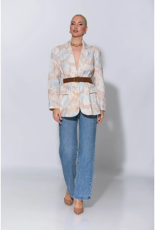 Jean blazer floral με ζώνη μπεζ