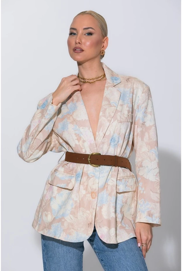 Jean blazer floral με ζώνη μπεζ