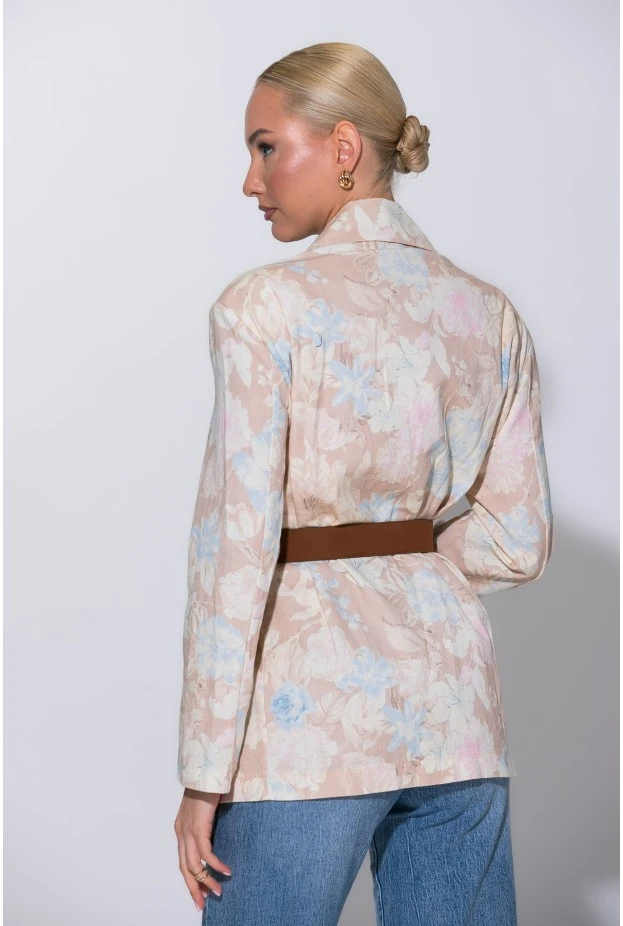 Jean blazer floral με ζώνη μπεζ