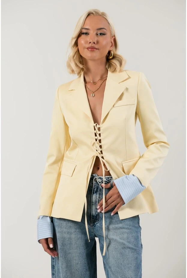 Blazer με ριγέ μανσέτα και δέσιμο μπροστά κίτρινο