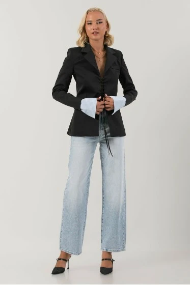 Blazer με ριγέ μανσέτα και δέσιμο μπροστά κίτρινο