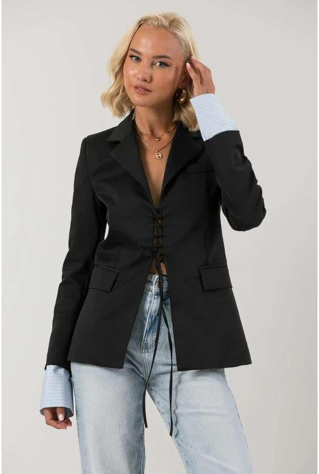 Blazer με ριγέ μανσέτα και δέσιμο μπροστά μαύρο