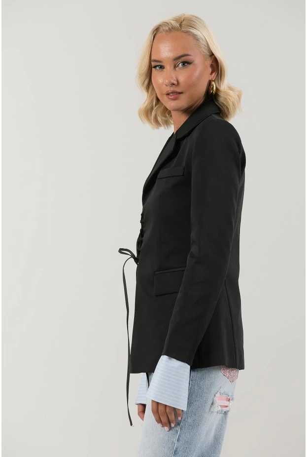 Blazer με ριγέ μανσέτα και δέσιμο μπροστά μαύρο