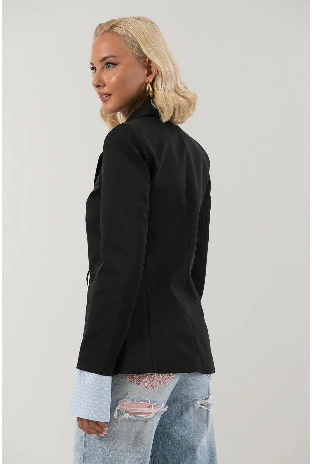 Blazer με ριγέ μανσέτα και δέσιμο μπροστά μαύρο