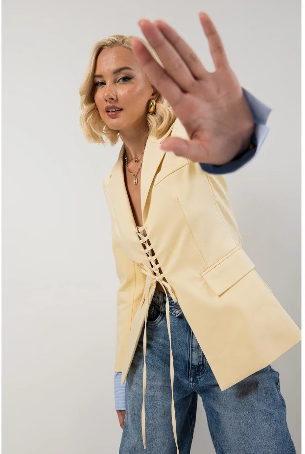 Blazer με ριγέ μανσέτα και δέσιμο μπροστά κίτρινο