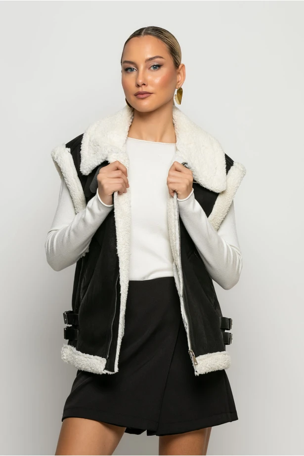 Sheepskin jacket αμάνικο με διπλό λουράκι μαύρο
