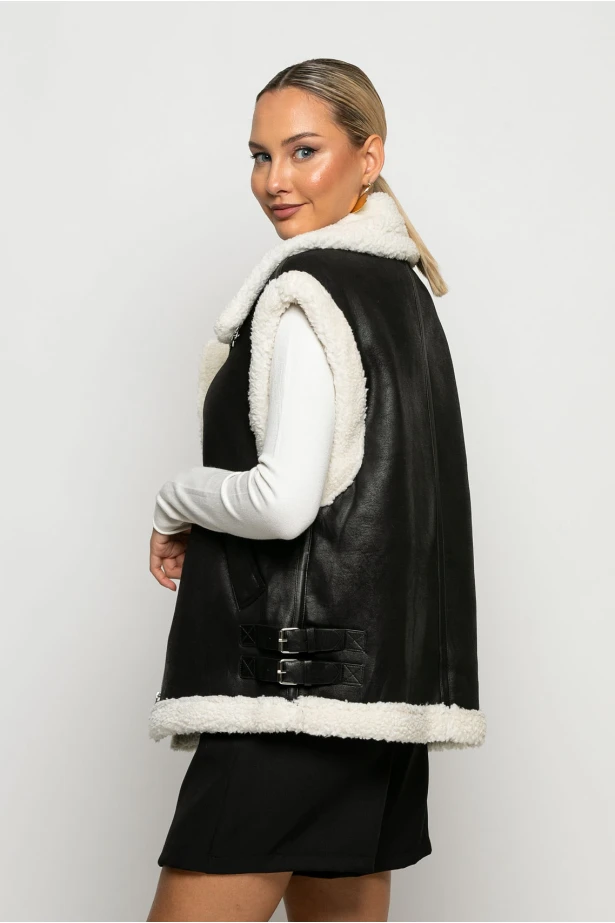 Sheepskin jacket αμάνικο με διπλό λουράκι μαύρο