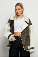 Biker μπουφάν mix υφών σουέτ και teddy χακί Biker μπουφάν mix υφών σουέτ και teddy χακί