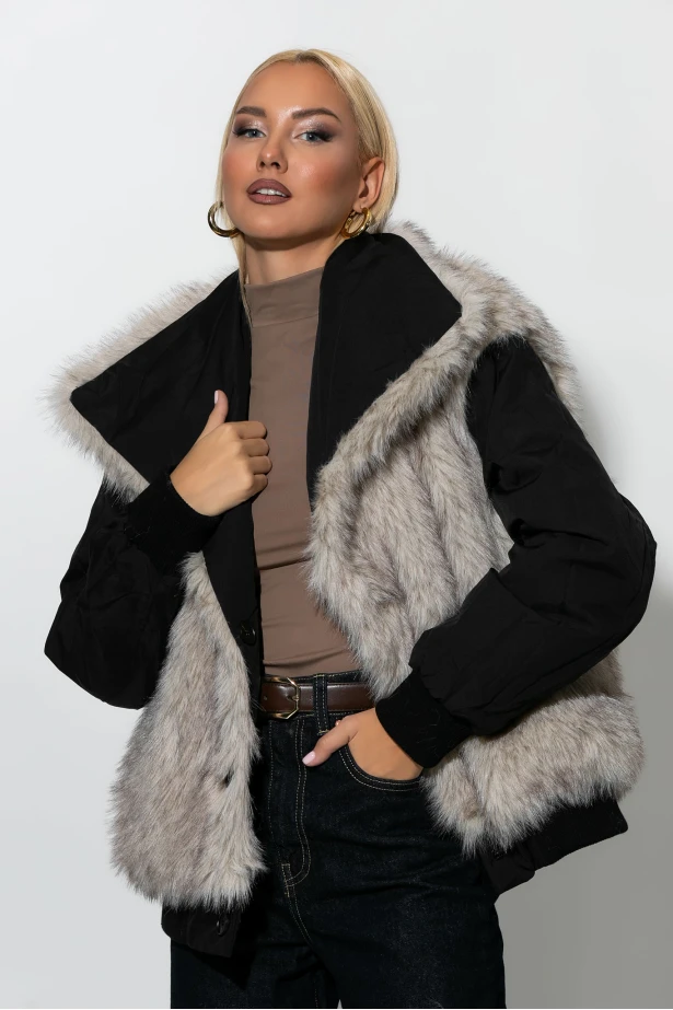Bomber double face jacket με γιακά μαύρο Bomber double face jacket με γιακά μαύρο