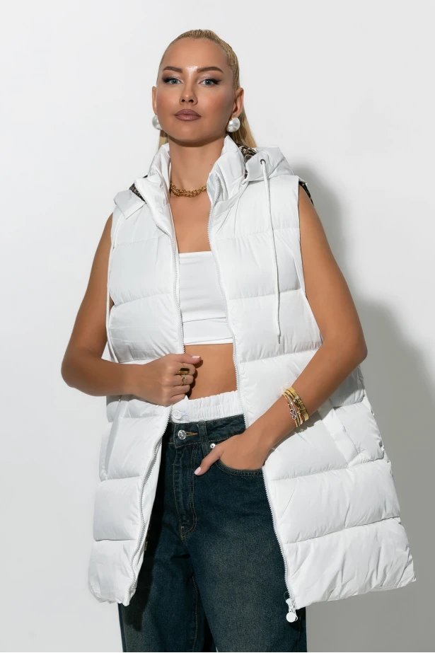 Puffer αμάνικο μπουφάν με λεοπάρ φόδρα λευκό