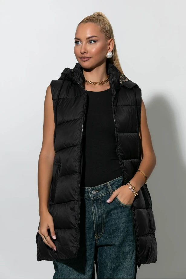 Puffer αμάνικο μπουφάν με λεοπάρ φόδρα μαύρο