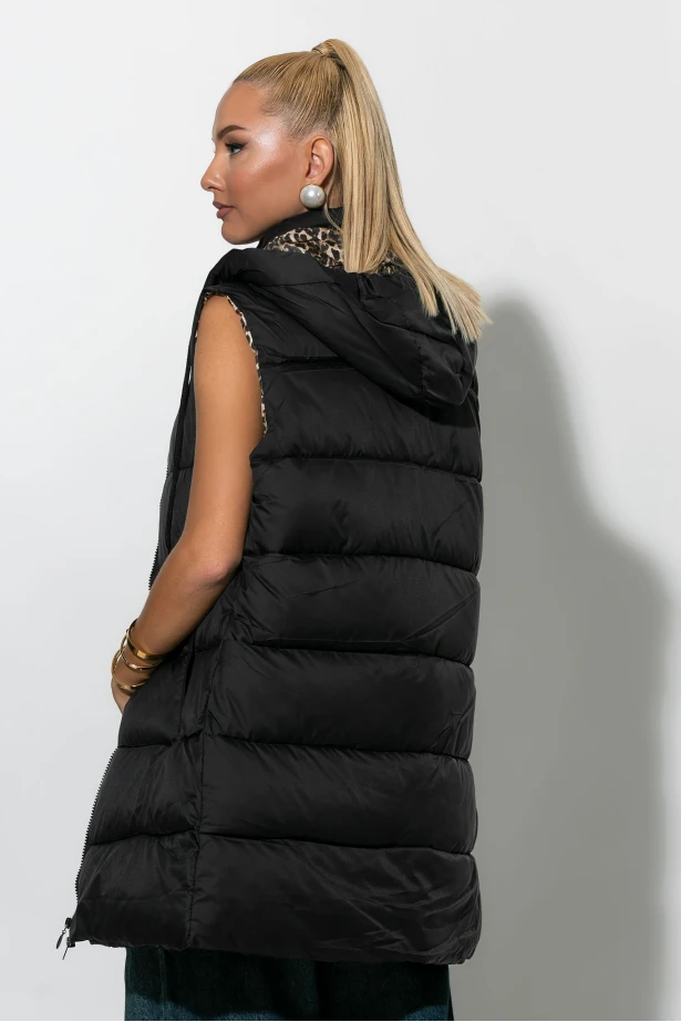 Puffer αμάνικο μπουφάν με λεοπάρ φόδρα μαύρο