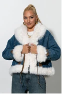 Jean jacket με γούνα  και δερματίνη λεπτομέρειες μπλε 