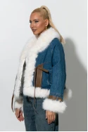 Jean jacket με γούνα  και δερματίνη λεπτομέρειες μπλε 