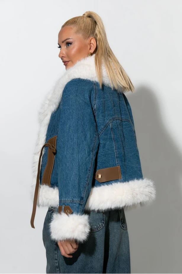 Jean jacket με γούνα  και δερματίνη λεπτομέρειες μπλε 