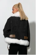 Jean jacket με γούνα  και δερματίνη λεπτομέρειες μαύρο