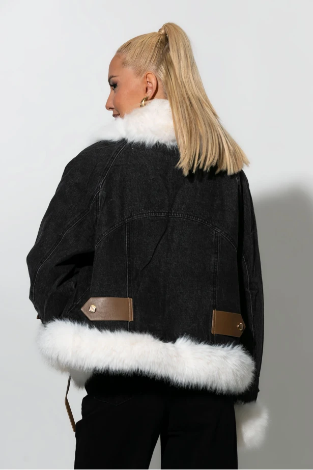 Jean jacket με γούνα  και δερματίνη λεπτομέρειες μαύρο