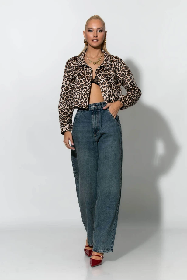 Cropped jacket λεοπάρ με τσέπες μπεζ 