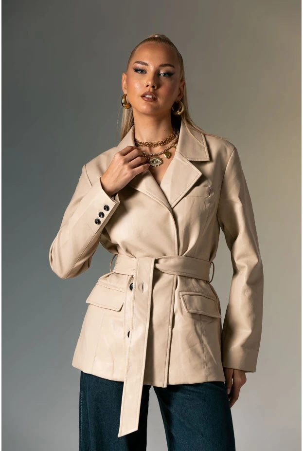 Leather jacket με ζώνη μπεζ