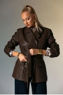 Leather jacket με ζώνη καφέ