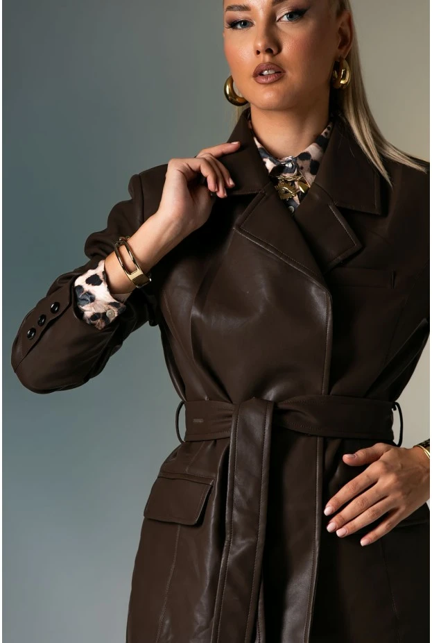 Leather jacket με ζώνη καφέ
