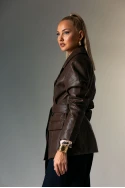 Leather jacket με ζώνη καφέ
