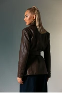 Leather jacket με ζώνη καφέ