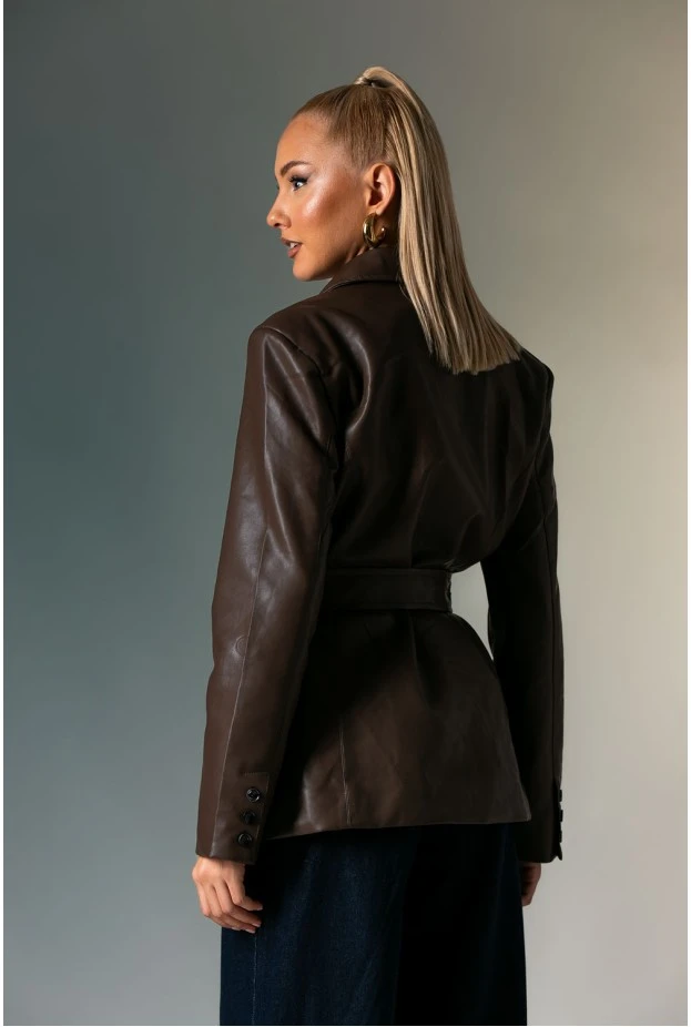 Leather jacket με ζώνη καφέ