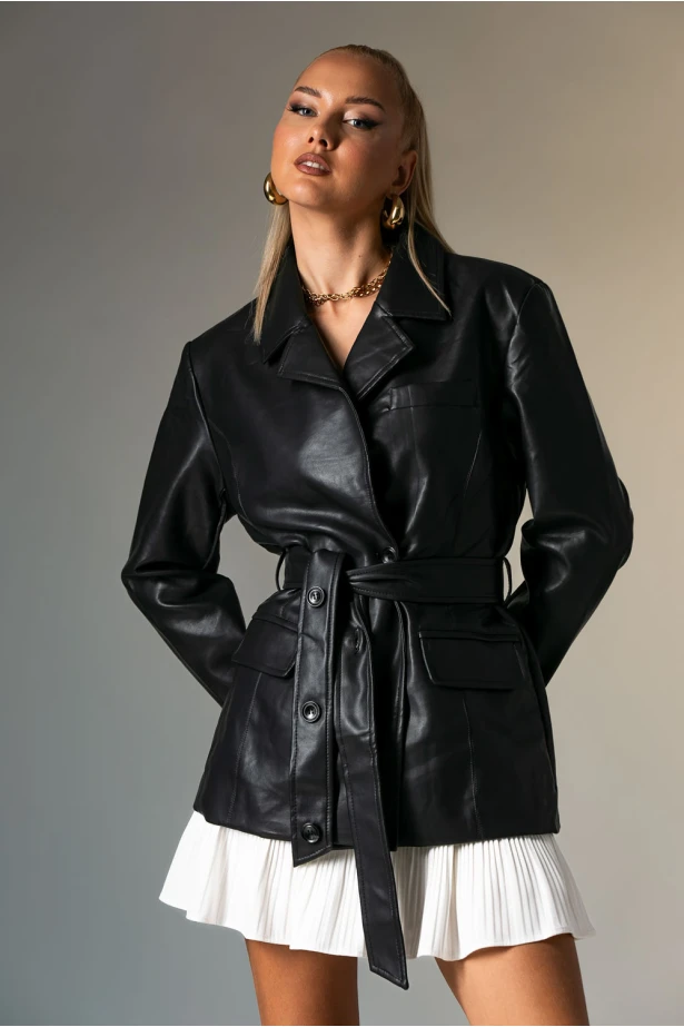Leather jacket με ζώνη μαύρο