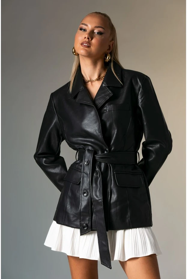 Leather jacket με ζώνη μαύρο