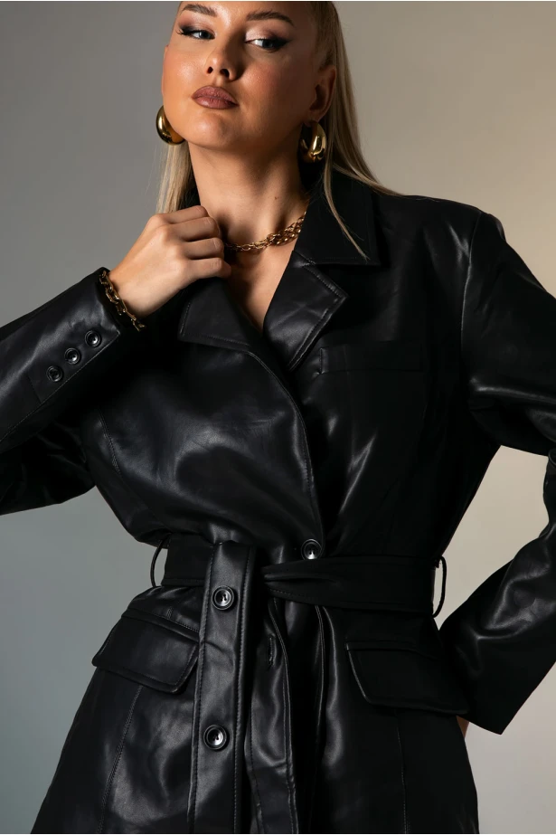 Leather jacket με ζώνη μαύρο