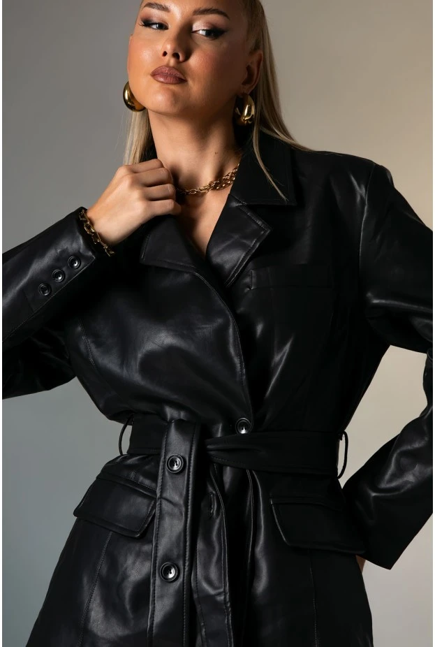 Leather jacket με ζώνη μαύρο
