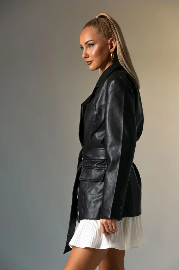 Leather jacket με ζώνη μαύρο