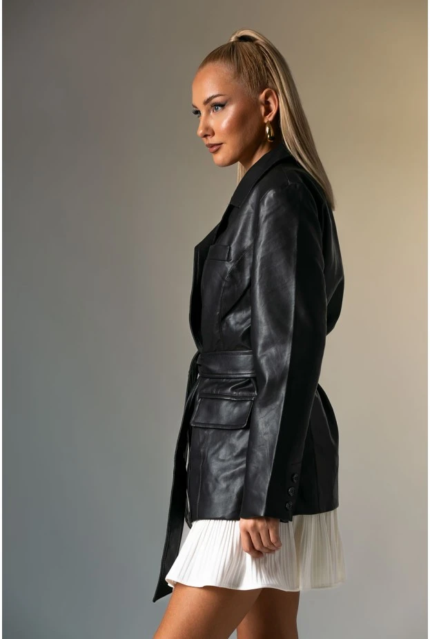 Leather jacket με ζώνη μαύρο