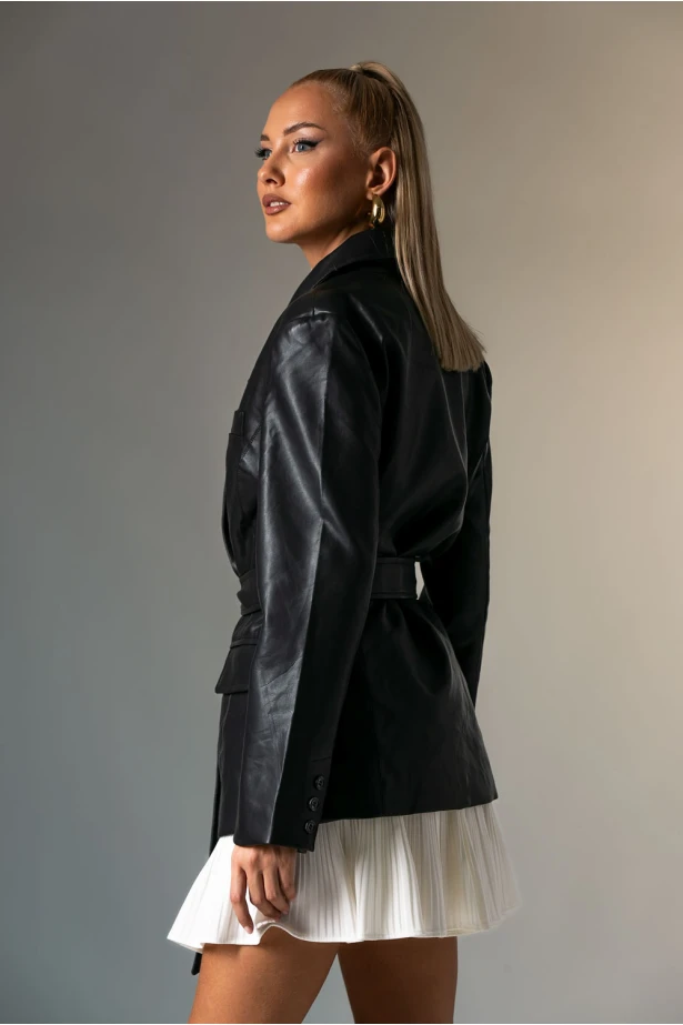 Leather jacket με ζώνη μαύρο