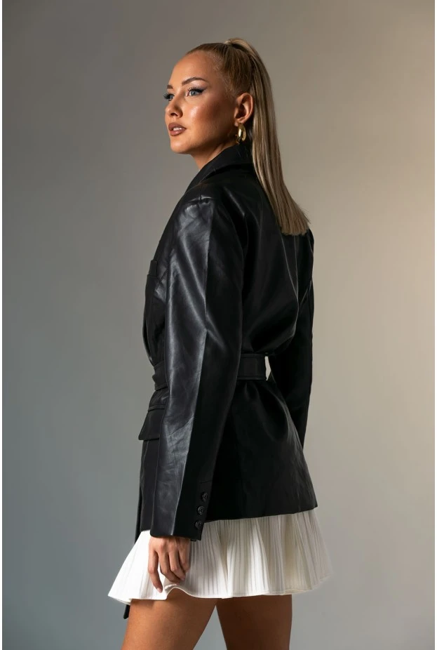 Leather jacket με ζώνη μαύρο