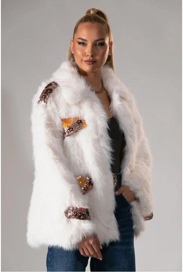 Γούνινο jacket με λεπτομέρεια παγιέτα εκρού 