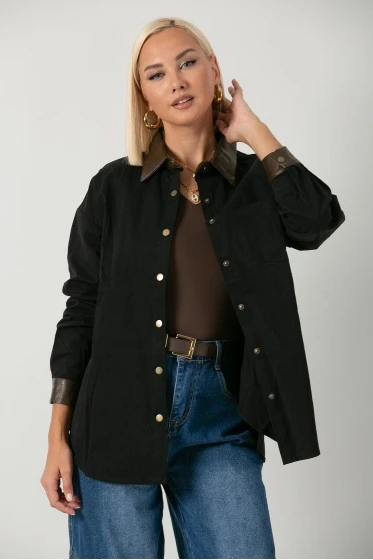Jacket με κουμπιά και leather λεπτομέριες μαύρο