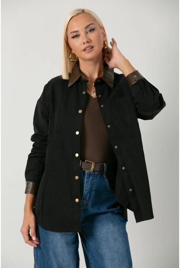 Jacket με κουμπιά και leather λεπτομέριες μαύρο