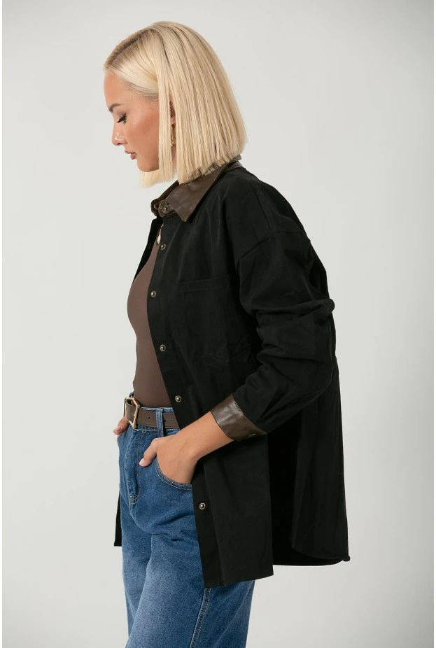 Jacket με κουμπιά και leather λεπτομέριες μαύρο