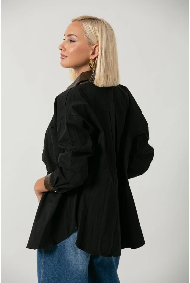 Jacket με κουμπιά και leather λεπτομέριες μαύρο